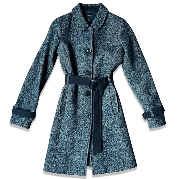 Women's Jacob B & W Bias Stripe Textured Wool Blend Belted Knee-Length C… - Picture 1 of 11